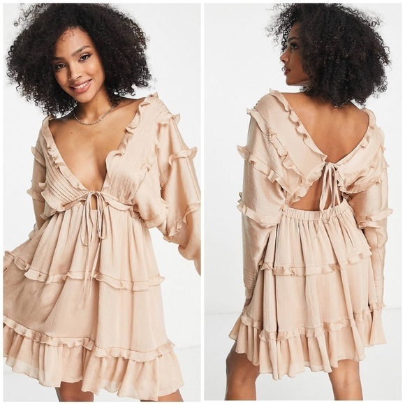 New ASOS Design Tiered Soft Mini Dress Pleated Tie Front Open Back Blush Sz 4 - Picture 1 of 12